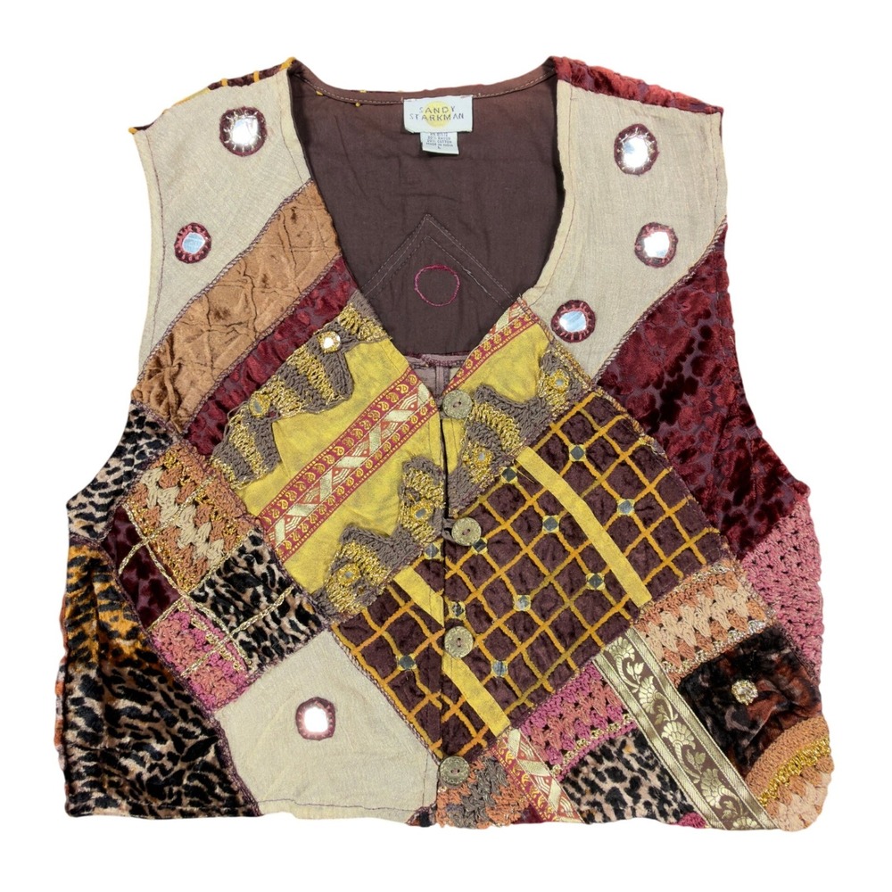 Sandy Starkman Vintage 90s Patchwork Vest Women Large Brown Velvet NWT C636